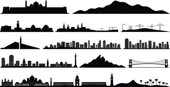 Silhouettes of jerusalem nablus aswan sanaa city skylines on transparent space