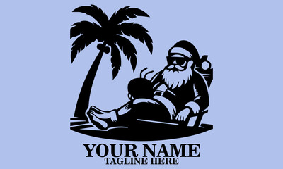 Holiday relaxation illustration santa under a palm tree, santa beach illustration vector and logo design