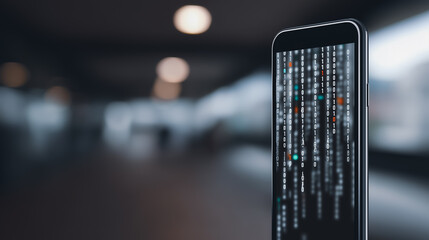 A modern smartphone showcasing a stream of digital code, representing the evolution of technology and digital transformation, the forefront of innovation.