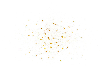 Golden shiny confetti flying. Bright shimmer tinsel for celebration Christmas, New Year, golden dust birthday surprise, carnival party, Wedding ceremony, holiday event. Vector illustration