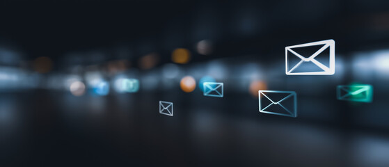 Digital communication is visualized with floating envelopes in a sleek, modern setting. This image conveys the essence of online interaction and information delivery.