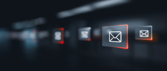 Close-up shot of several digital email icons on a modern dark interface, conveying concepts of digital communication, and virtual correspondence.