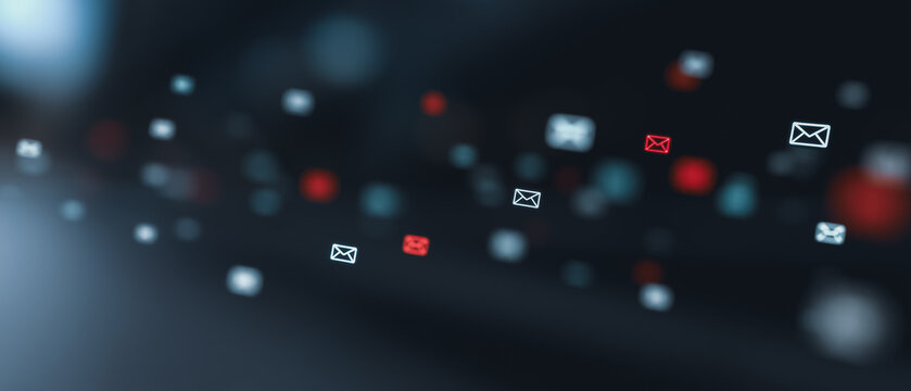 Digital realm of emails flowing through a network, symbolizing communication and connection. Envelopes move in a blurred, futuristic display. - Powered by Adobe