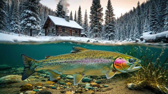Split level view of rainbow trout swimming in river with snowy winter cabin in forest background