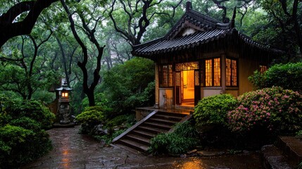 A traditional pavilion nestled in a lush forest during a gentle rain.