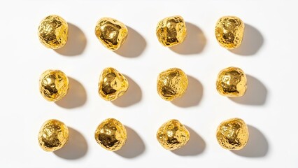 Arrangement of glistening gold nuggets cast against a stark white backdrop creating an exquisite
