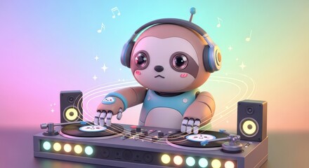 Fototapeta premium Adorable robotic sloth character mixes music using professional audio equipment
