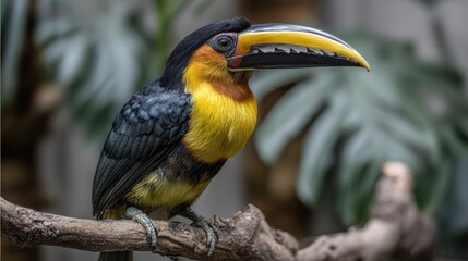 Obraz premium Toucan perched on a branch with lush green foliage in the background.