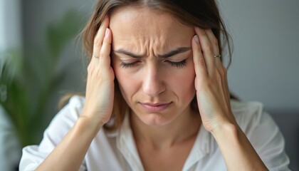 Woman feels headache and strong pain. She rubs her temples with hands. Her face shows suffering and discomfort. Eyes are closed. Stressed person looks tired.