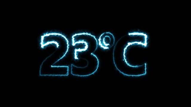 Neon 23&deg;C temperature display showing on dark background. Weather temperature displays by degree, climate change, Scientific designs text animation.