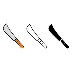 Three styles of machete or large knife icons
A set of three stylized icons representing a machete or large knife. The icons show variations in style: one colored with an orange handle.