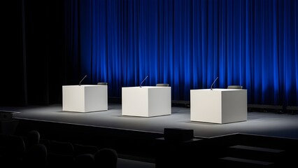 Empty stage with three white podiums and microphones against a blue curtain.