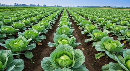 A vast field of green cabbage plants with rows of crops in a field
