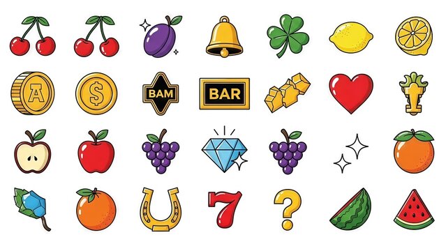 Vibrant assortment of casino and fruit-themed icons for game development and design uses