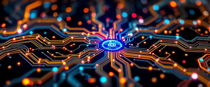 Abstract glowing circuit board representing quantum entanglement,   system,  connection