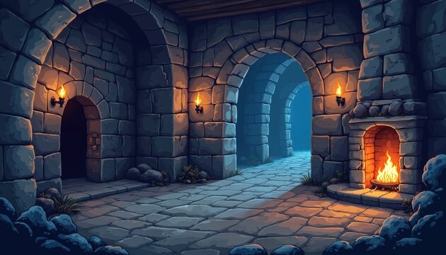Stone castle interior with arched passages and lit torches. A hearth burns brightly in a cozy dungeon corner. Ancient architecture creates a mysterious underground atmosphere perfect for fantasy.