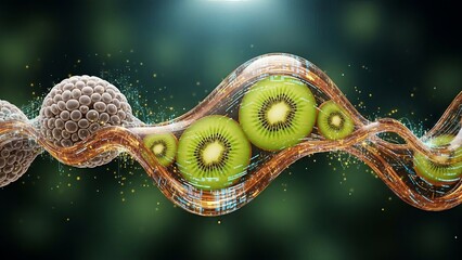Abstract representation of kiwi fruits with interconnected digital elements and futuristic design
