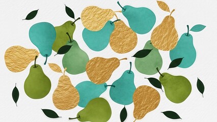 Abstract still life of pears in blue, green, and golden hues with leaves scattered