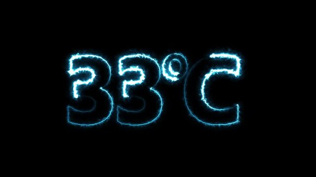 Neon 33&deg;C temperature display showing on dark background. Weather temperature displays by degree, climate change, Scientific designs text animation.