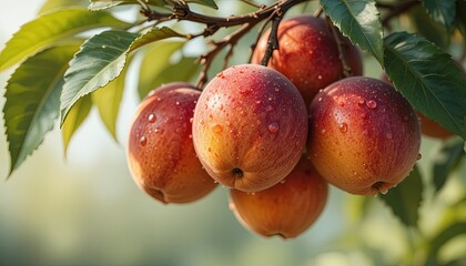 Close-up shot of several ripe, colorful peaches covered in fresh water droplets, illuminated by sunlight on a lush green tree branch. 