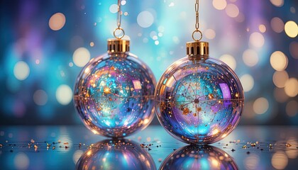 Luxurious Abstract Christmas Ornaments in Glowing Blue and Purple Bokeh Lights on Reflective Surface with copy space
