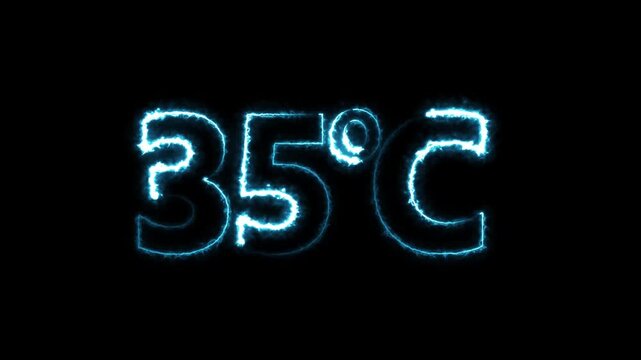 Neon 35&deg;C temperature display showing on dark background. Weather temperature displays by degree, climate change, Scientific designs text animation.