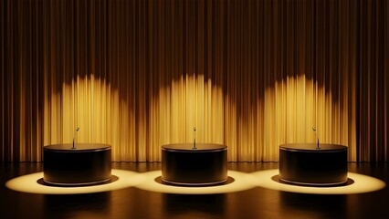 Three empty black podiums with microphones on a stage under spotlights against a golden curtain