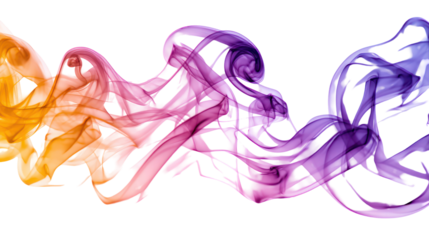 An abstract vibrant smoke wave with a colorful gradient from orange to purple on a black background isolated on transparent background