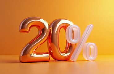 Glossy orange and white 3d numbers show twenty percent value. Realistic shiny digit discount offers bright background. Shopping promotion for retail sale.