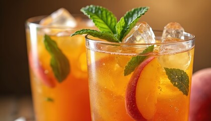 Fototapeta premium Two glasses of peach iced tea with mint and ice cubes are on a table. Peach slices float in the amber liquid, garnished with fresh green mint leaves. Refreshing cold drink on a warm day.