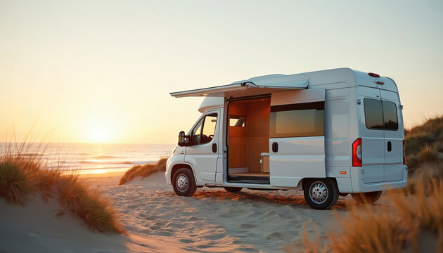Modern white campervan parked on sandy beach during sunset with open door. Ocean waves lap shore while tall grasses sway. A traveler enjoys serene coastal views.