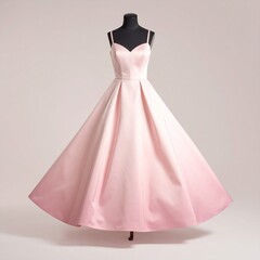Elegant pale pink satin evening gown on black mannequin