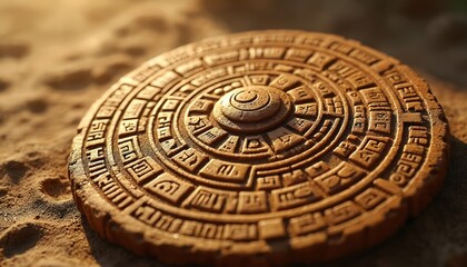 Carved stone disc shows ancient Aztec calendar symbols. Intricate radial design on sandy ground. Cultural artifact, historical object, Mesoamerican heritage.