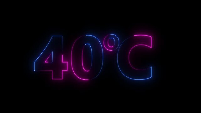 Neon 40&deg;C temperature display showing on dark background. Weather temperature displays by degree, climate change, Scientific designs text animation.