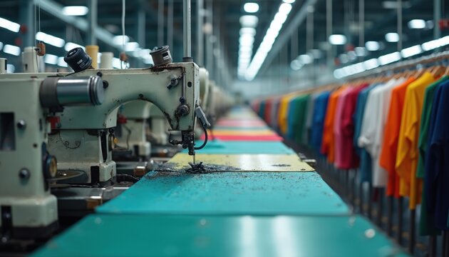 Rows of sewing machines wait for use in garment factory. Colorful apparel hangs on racks. Textile production line with industrial equipment ready for manufacturing process.