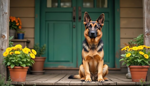Loyal German Shepherd sits on rustic porch with potted yellow flowers beside weathered green door. Dog attentive, looking forward with erect ears. Scene suggests companionship, warm, inviting home