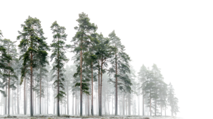 A dense forest line of pine trees shrouded in light mist or fog during a cold day isolated on transparent background