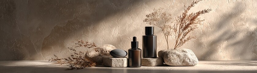 A serene display of skincare products nestled among natural stones and dried foliage, creating a calming aesthetic.