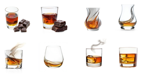Various types of glasses containing different liquids, including whiskey and chocolate, arranged in a grid pattern.