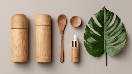 A minimalist arrangement of bamboo containers, a spoon, a dropper bottle, and a large green leaf, emphasizing eco-friendly design.