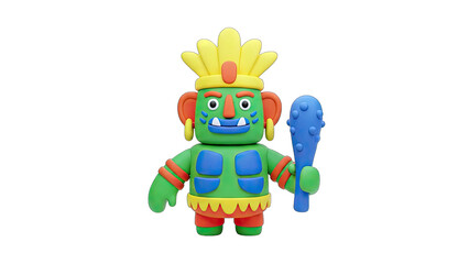 Colorful Aztec-inspired Character Holding a Club on White Background