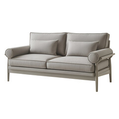 Fototapeta premium Light gray two-seater sofa with plush cushions and cylindrical armrests vactor couch