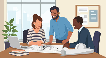Diverse team of professionals collaborating on a blueprint at a modern office table, discussing architectural plans and smiling