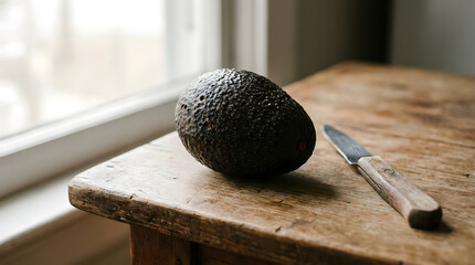 Aguacate y cuchillo sobre mesa de madera r&uacute;stica