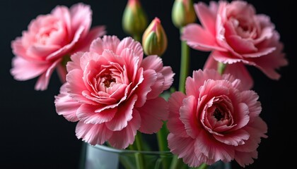 Close up of vibrant pink carnations in full bloom. Delicate petals unfurl with soft texture. Buds are visible against a dark backdrop. Floral beauty in a vase.