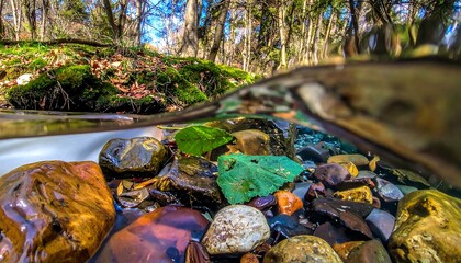 Split-level image of stream bed and flowing water in a forest