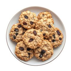 A plate of oatmeal raisin cookies on a white plate.