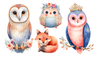 Whimsical Collection of Cute Owls and Fox in Watercolor with Floral Accents
