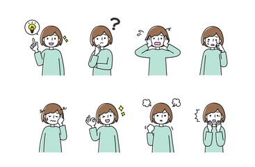 女性の色々なポーズと表情のセットイラスト