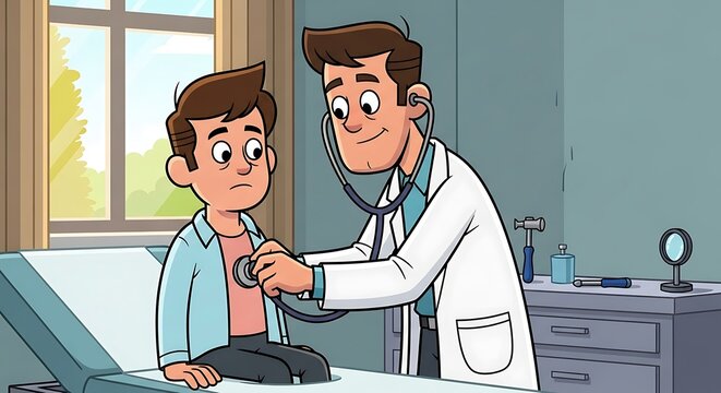 Doctor Examining Young Patient with Stethoscope in Medical Office.